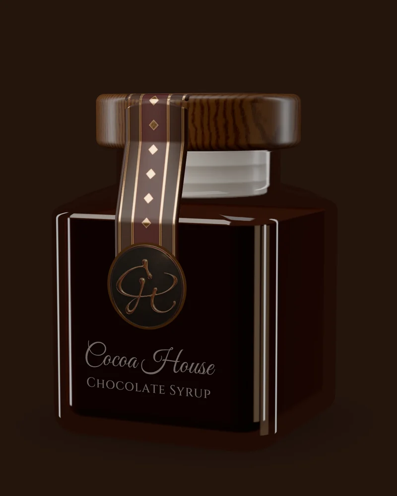 A square glass jar of Cocoa House chocolate syrup with a wooden lid and a burgundy and gold seal.
