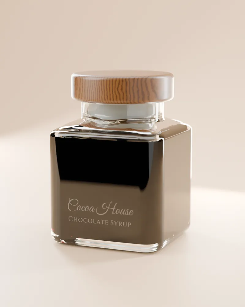 A Cocoa House jar with the dipper inside, on a warm cream background.