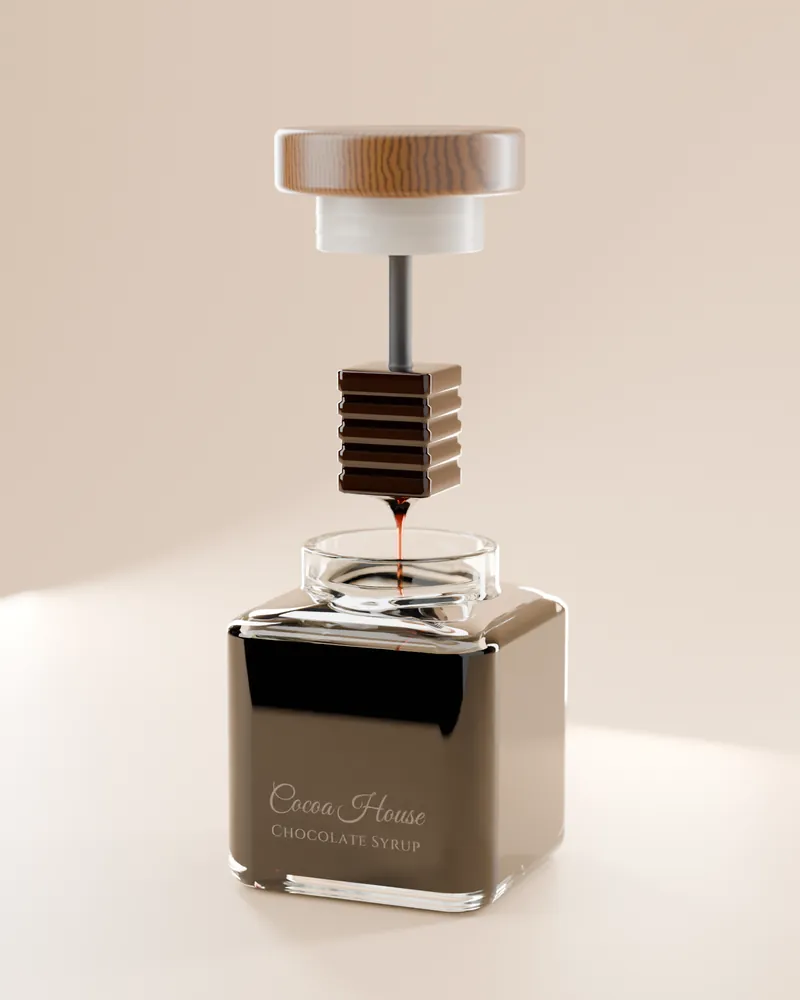 The wooden lid lifted above the jar, with chocolate syrup dripping from the dipper back into the jar.