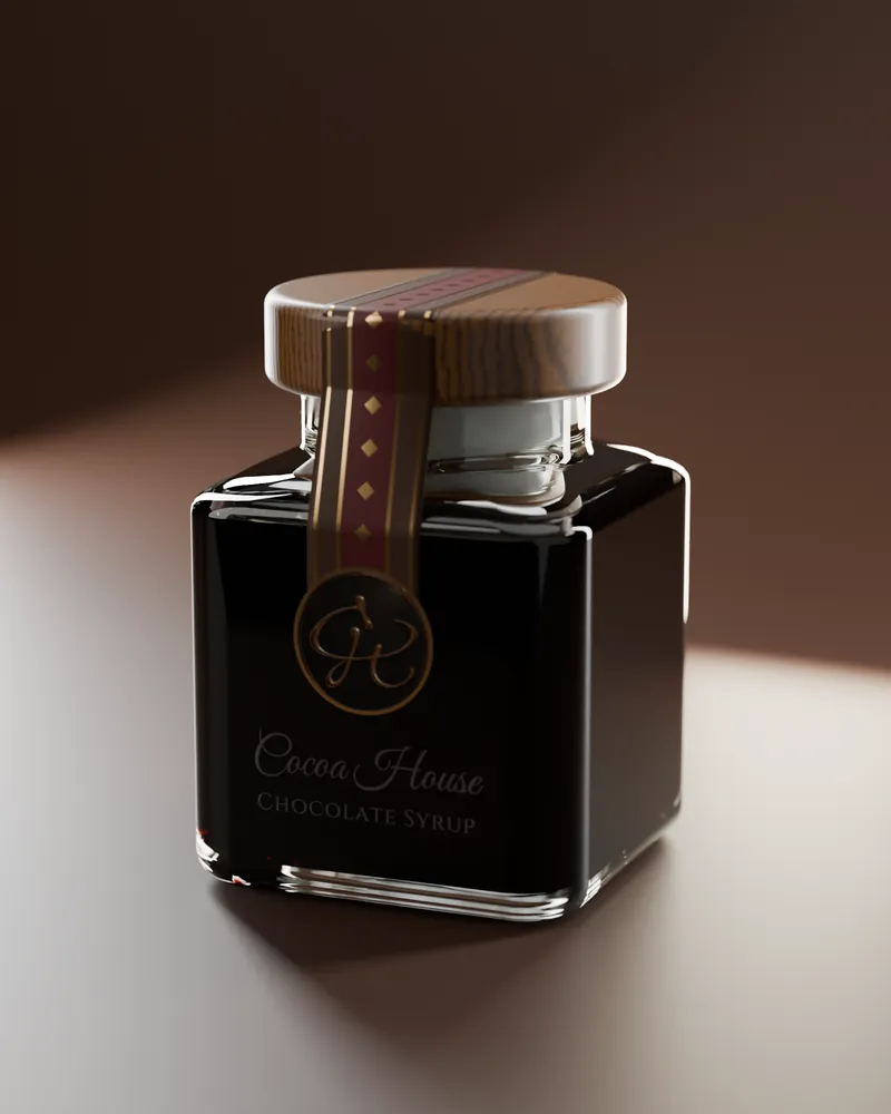 A sealed jar of Cocoa House maple chocolate syrup.