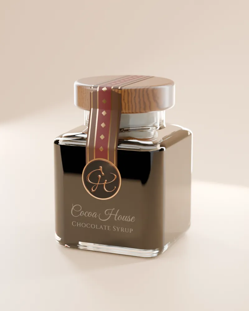A sealed jar of Cocoa House maple chocolate syrup on a warm cream background.